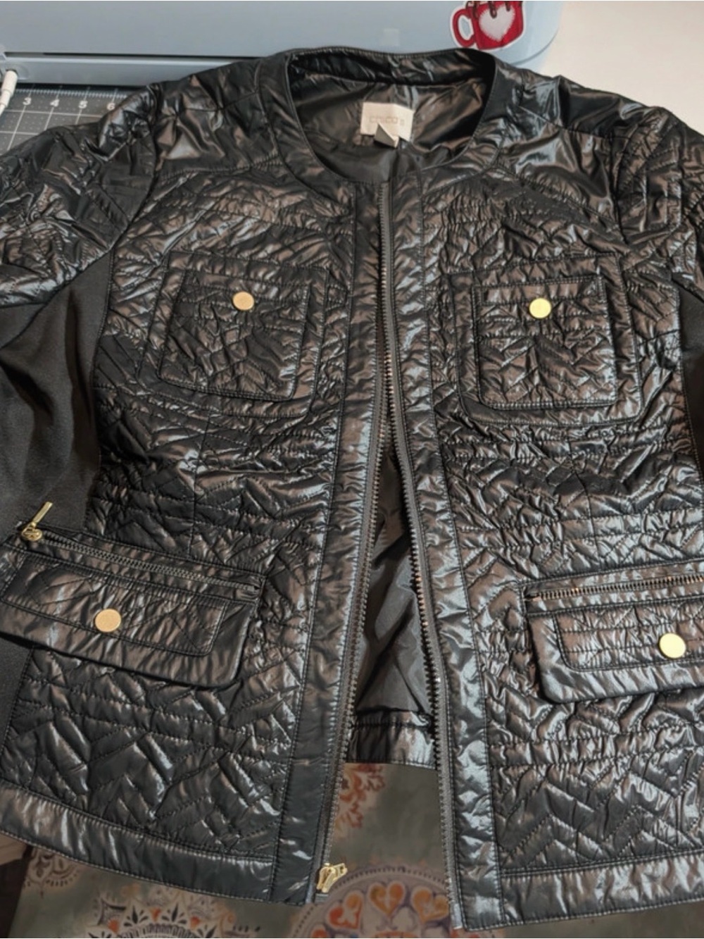 Chico's Black Quilted Jacket with Gold Buttons - Picture 4 of 9